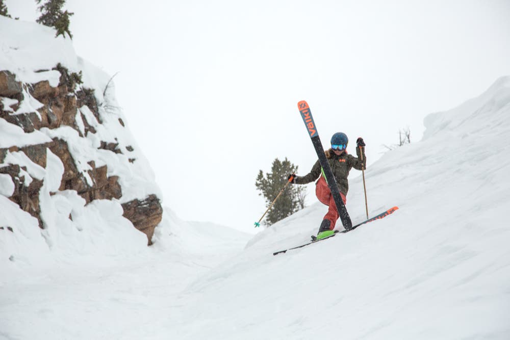 Skier performs kick turn