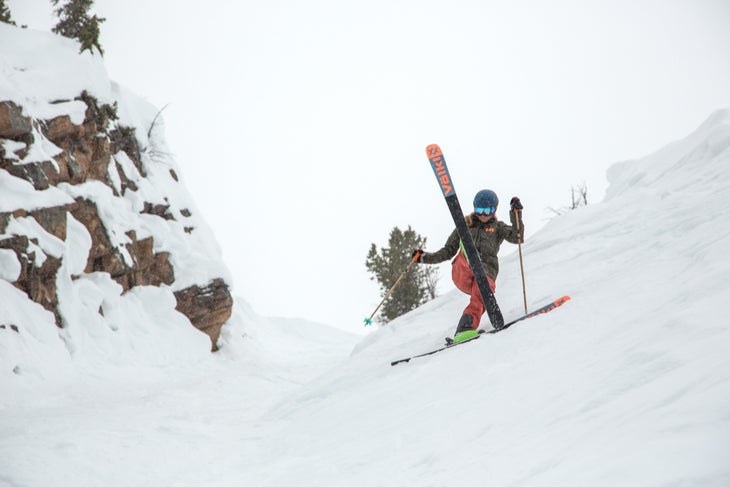 Skier performs kick turn
