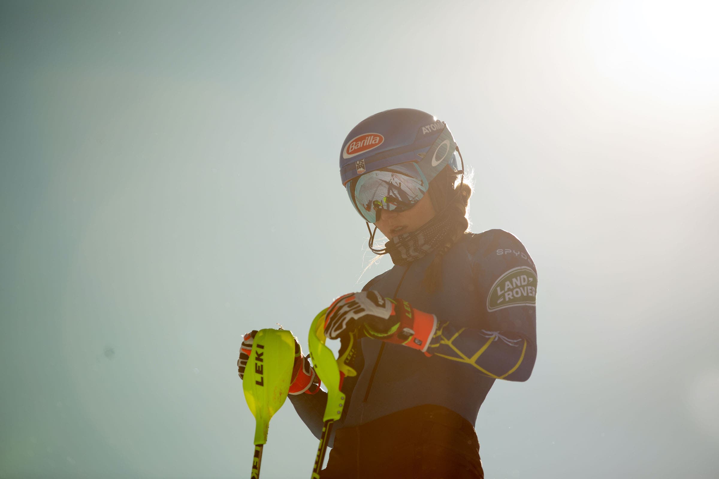 Skier Mikaela Shiffrin at top of race course