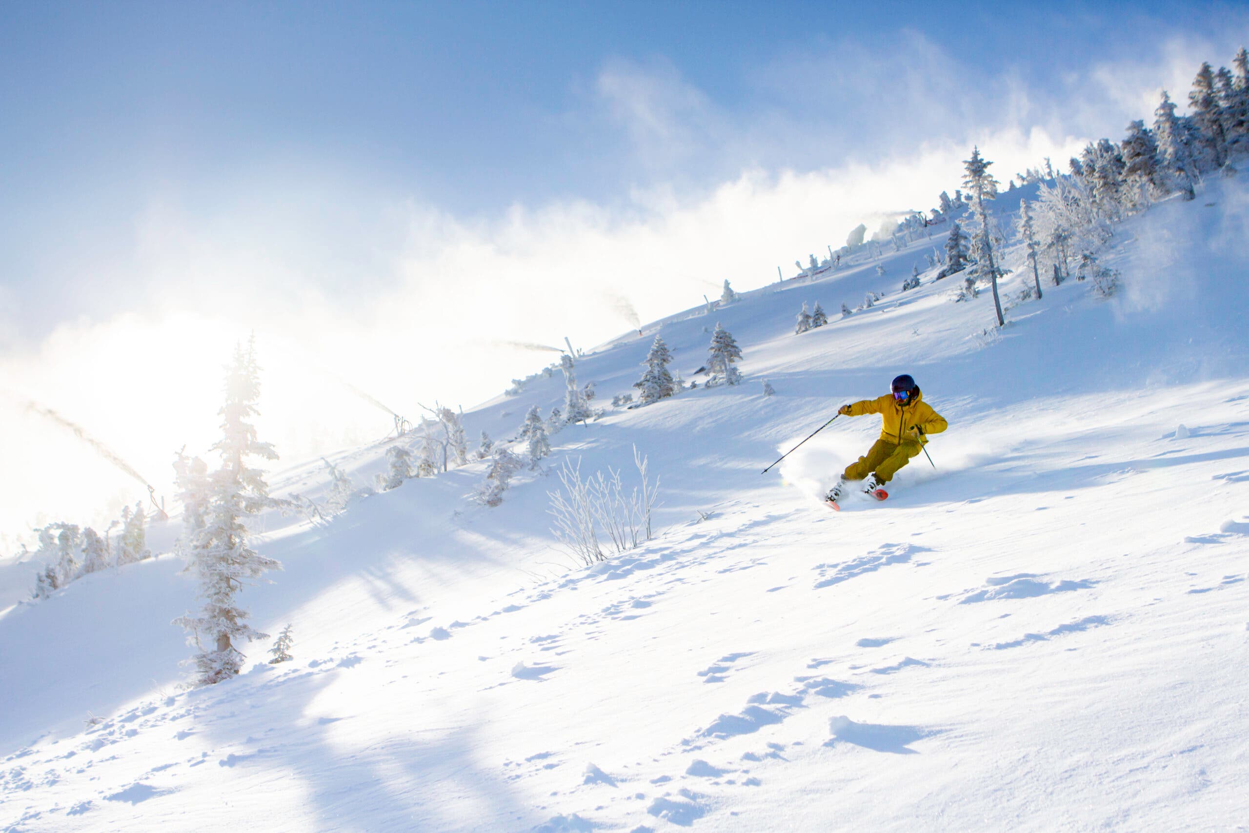 Skier in yellow heads down powder