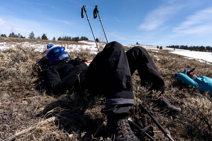 Hiker hanging out in snow