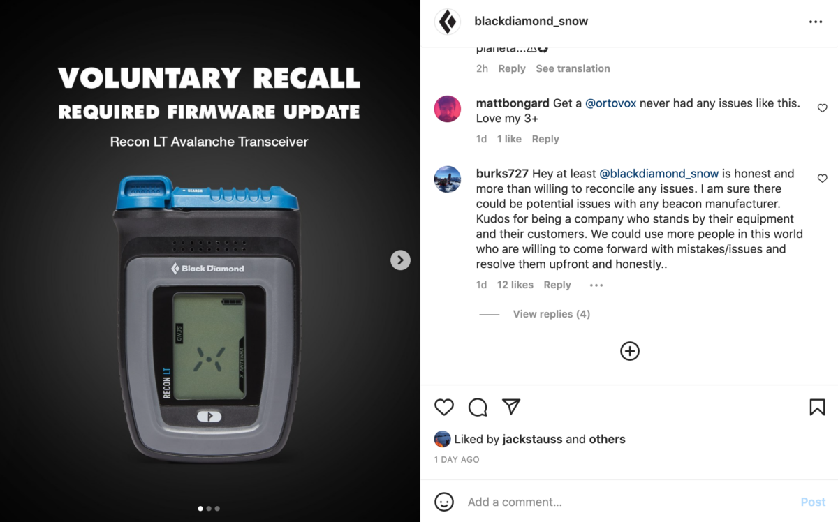 Black Diamond Recon LT Avalanche Transceiver recall