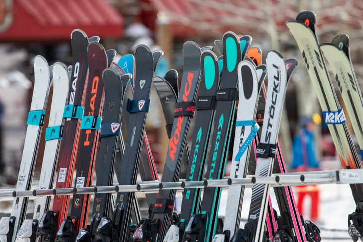 Women's carving skis on the rack at SKI's 2024 Carving Test