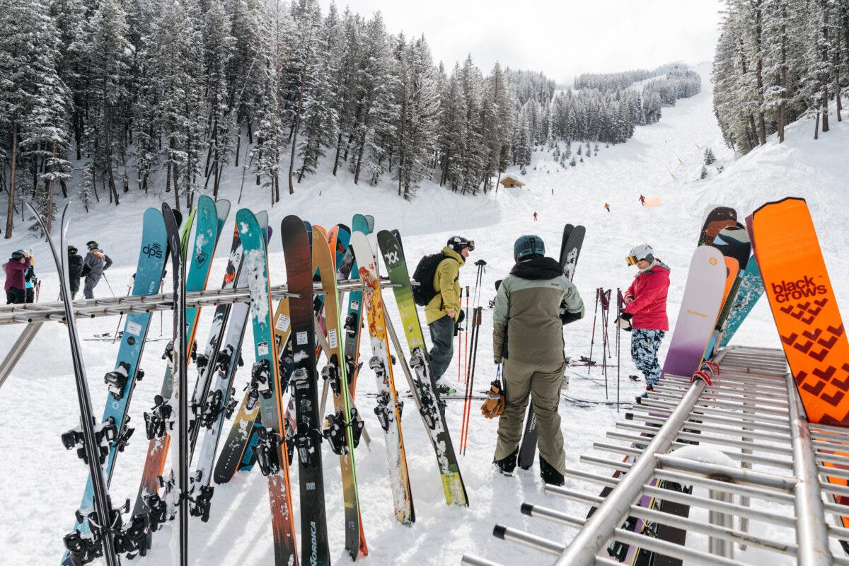 Powder skis on rack at 2024 SKI Test