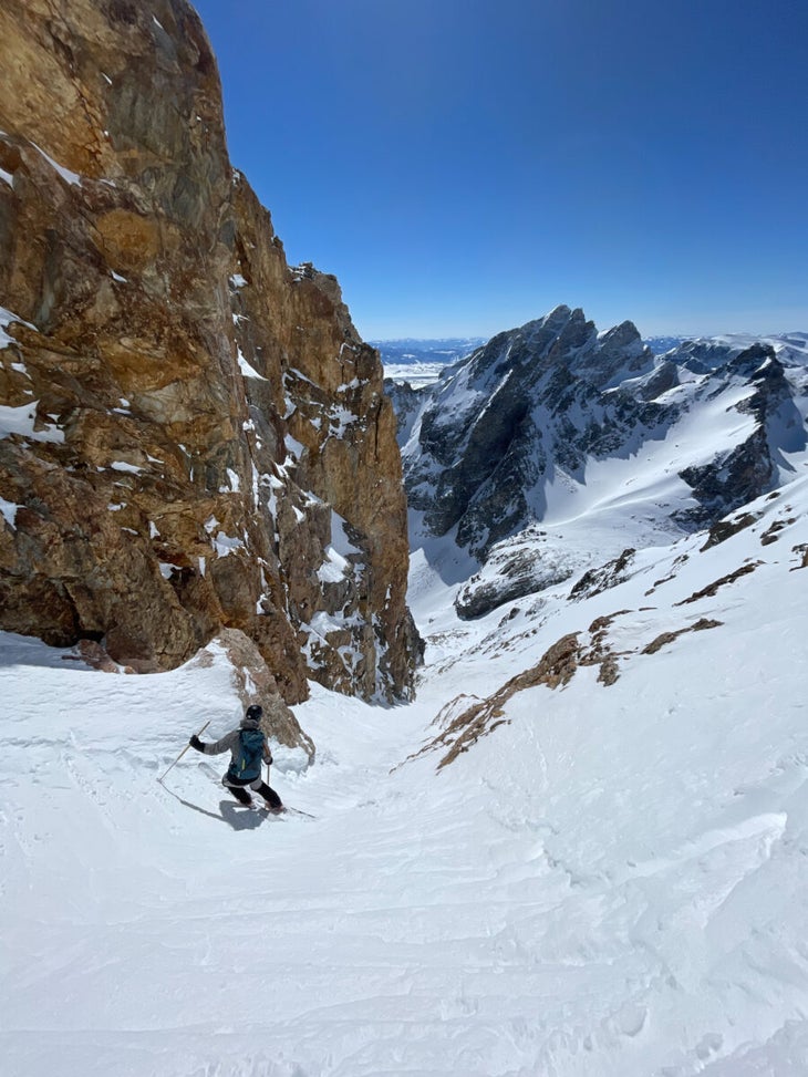 Skier in couloir in the Tetons