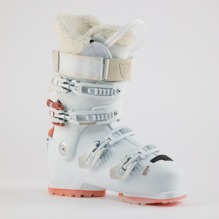 Rossignol Vizion Pro 100 women's ski boot, all white with rose gold accents and plushy liner