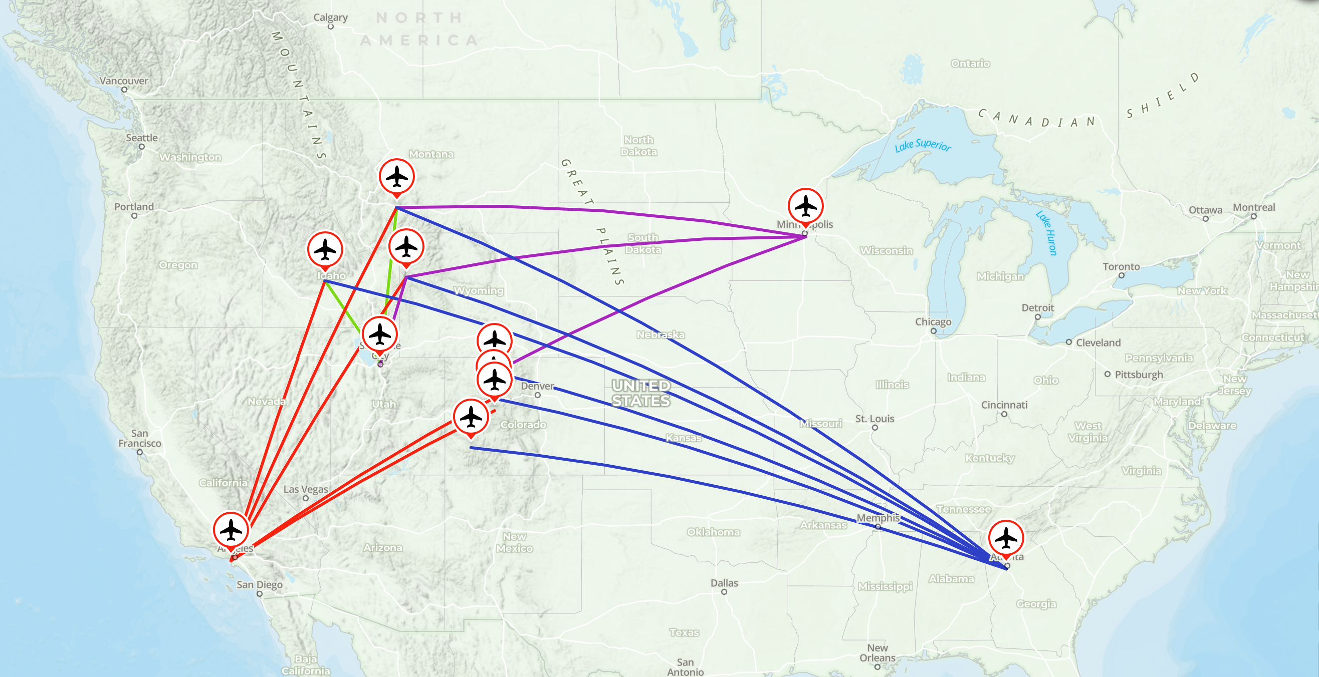 Map of U.S. with colorful routes
