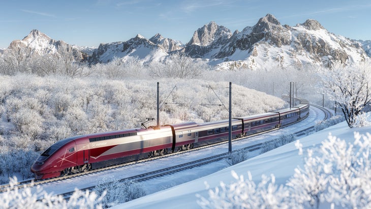 Train traveling through a snowy landscape