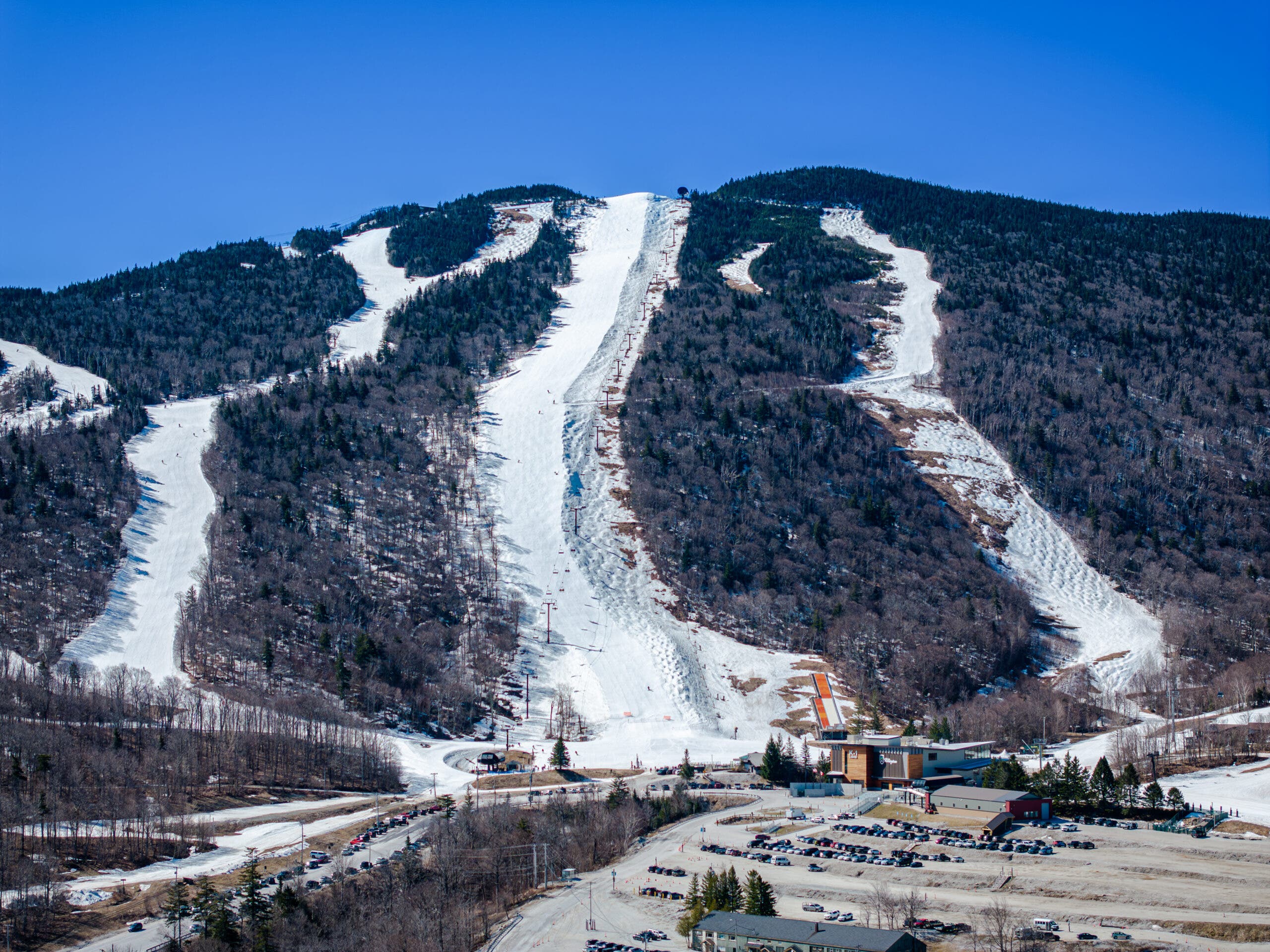 Snowy runs shot from parking lot at Killington.