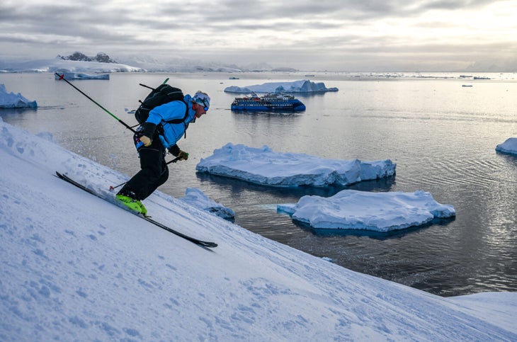 Doug Stoup on one of his many Antarctic skiing expeditions, carving fresh tracks in one of the world’s most remote and pristine environments.