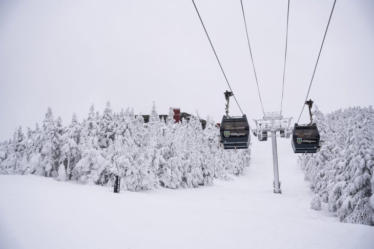 Two dark gondolas against a low light snowy day