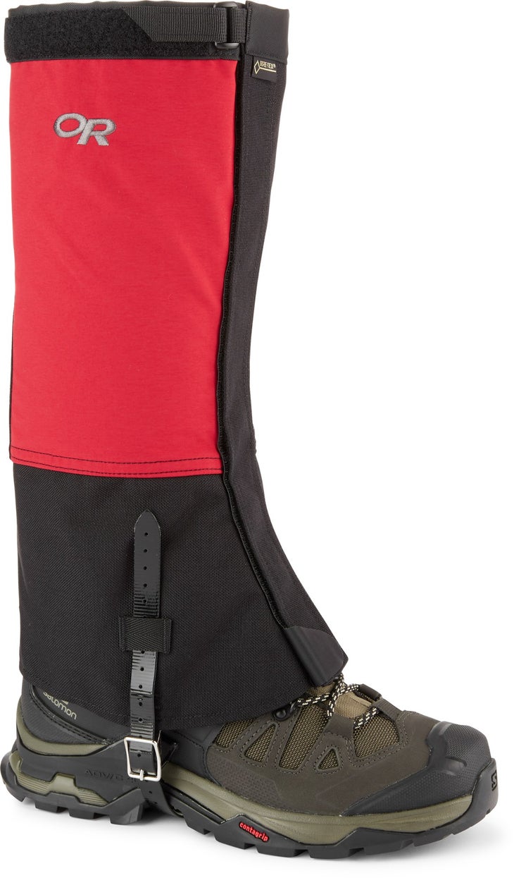 Red gaiter over a hiking boot