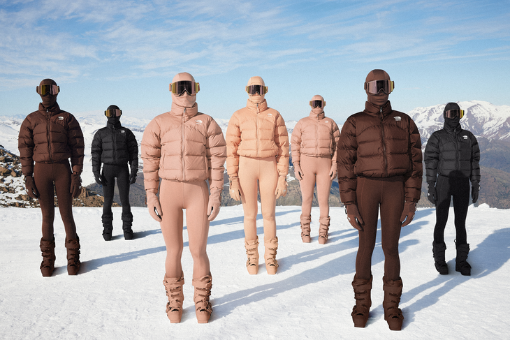 Models standing in formation wearing the new gear from The North Face and Skims collaboration