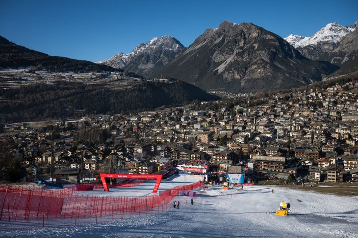 This photograph shows a general view of Bormio and the Olympic slope for the men's alpine events of the Milan Cortina 2026 Winter Olympics, during the Men's Downhill race of the FIS Alpine ski World Cup 2024-2025, in Bormio on December 28, 2024.