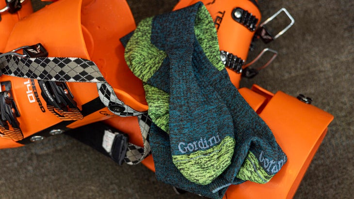 Closeup of Gordini Ripton ski sock on ski boot shells 