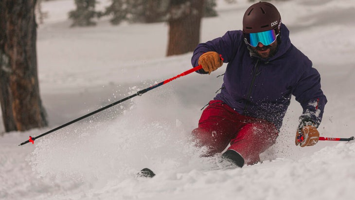 Closeup of skier in powder snow at Mt. Rose, Nevada