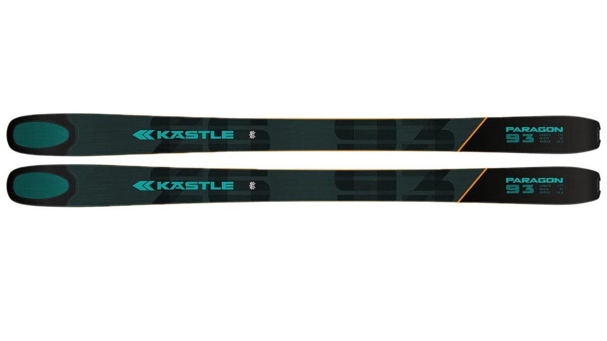 Closeup of Käslte Paragon 93 all-mountain ski on white background