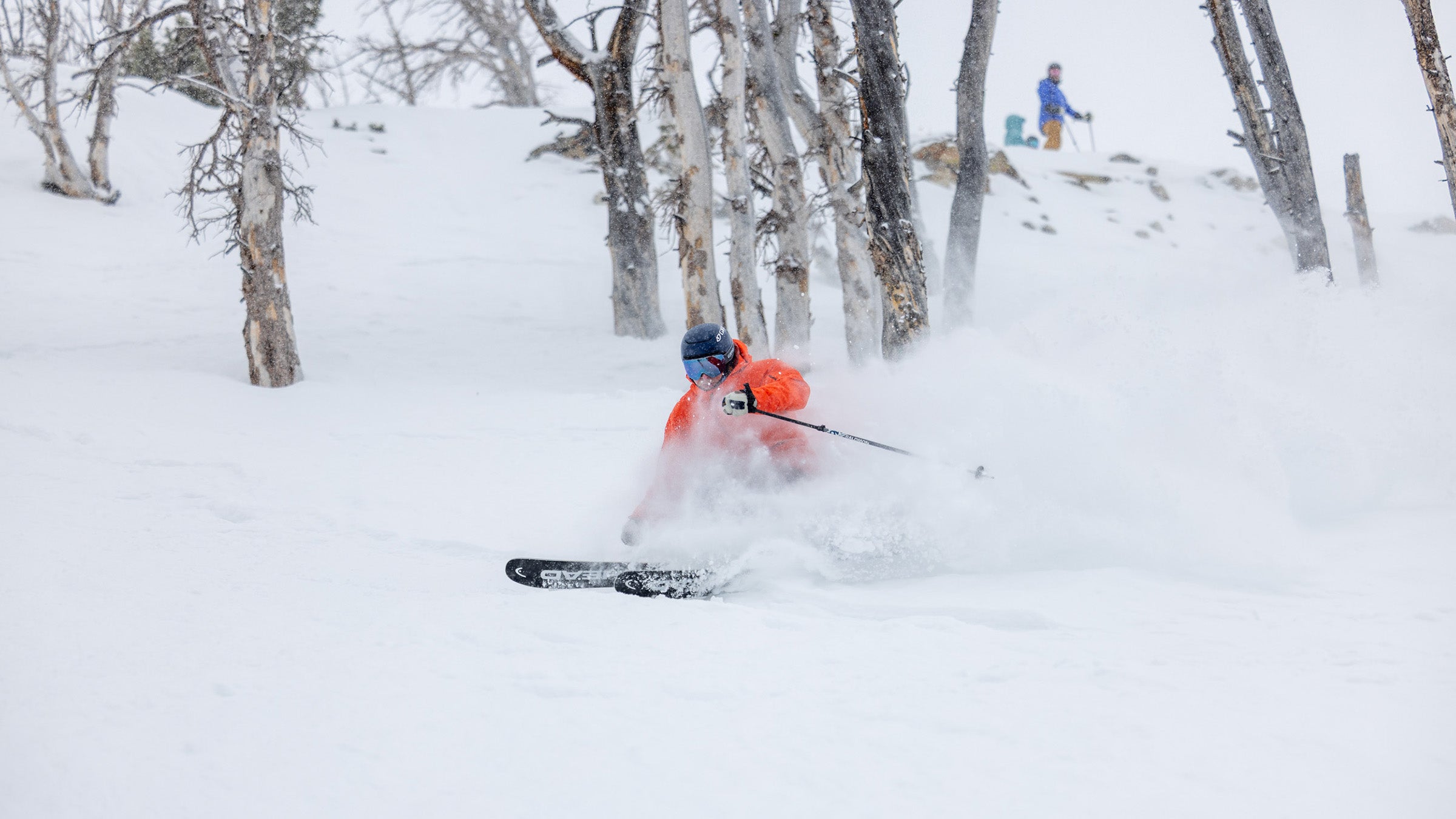 Skier in orange jacket skiing powder