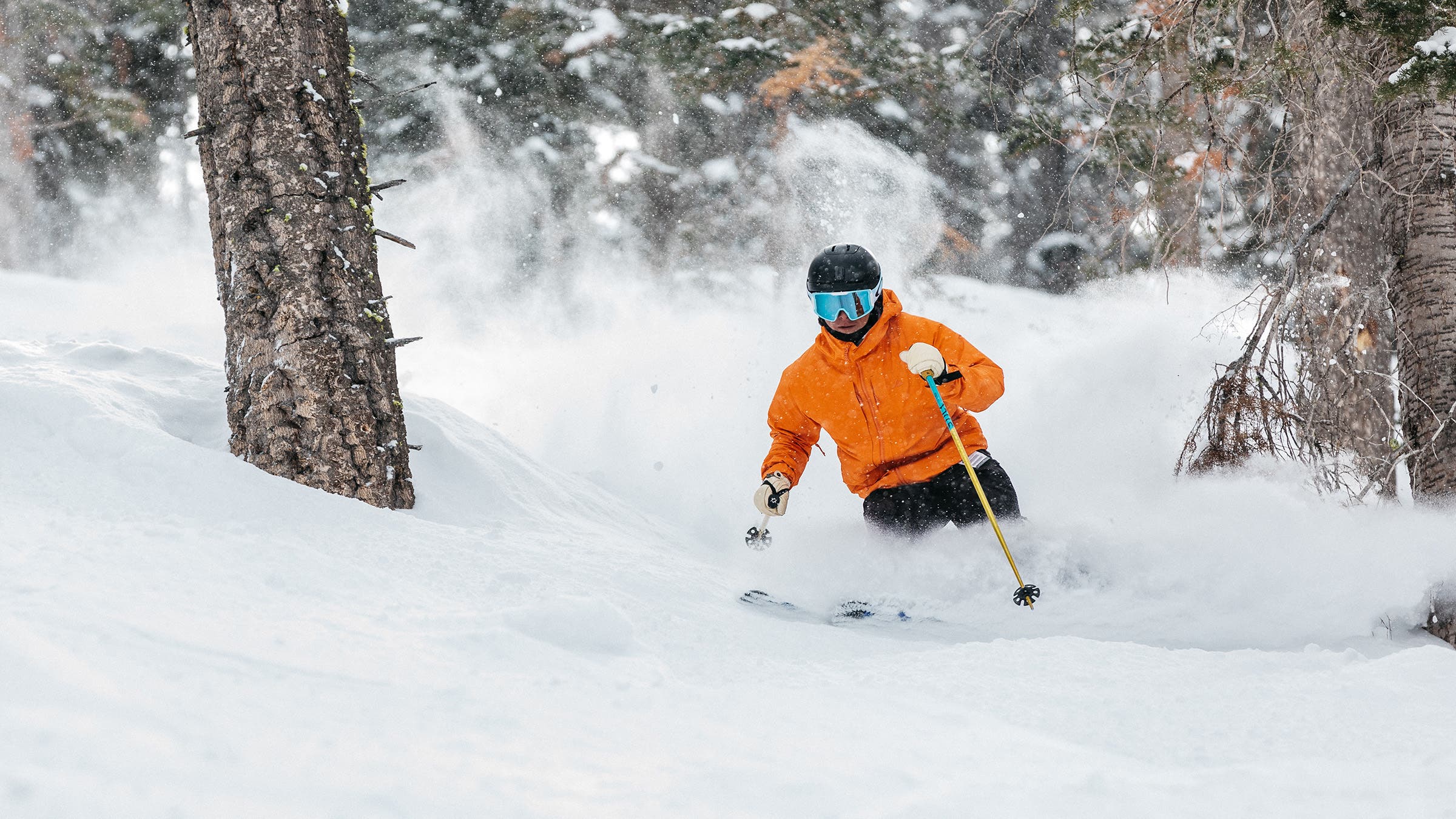Skier in orange jacket skiing through powder snow in trees on wide all-mountain skis