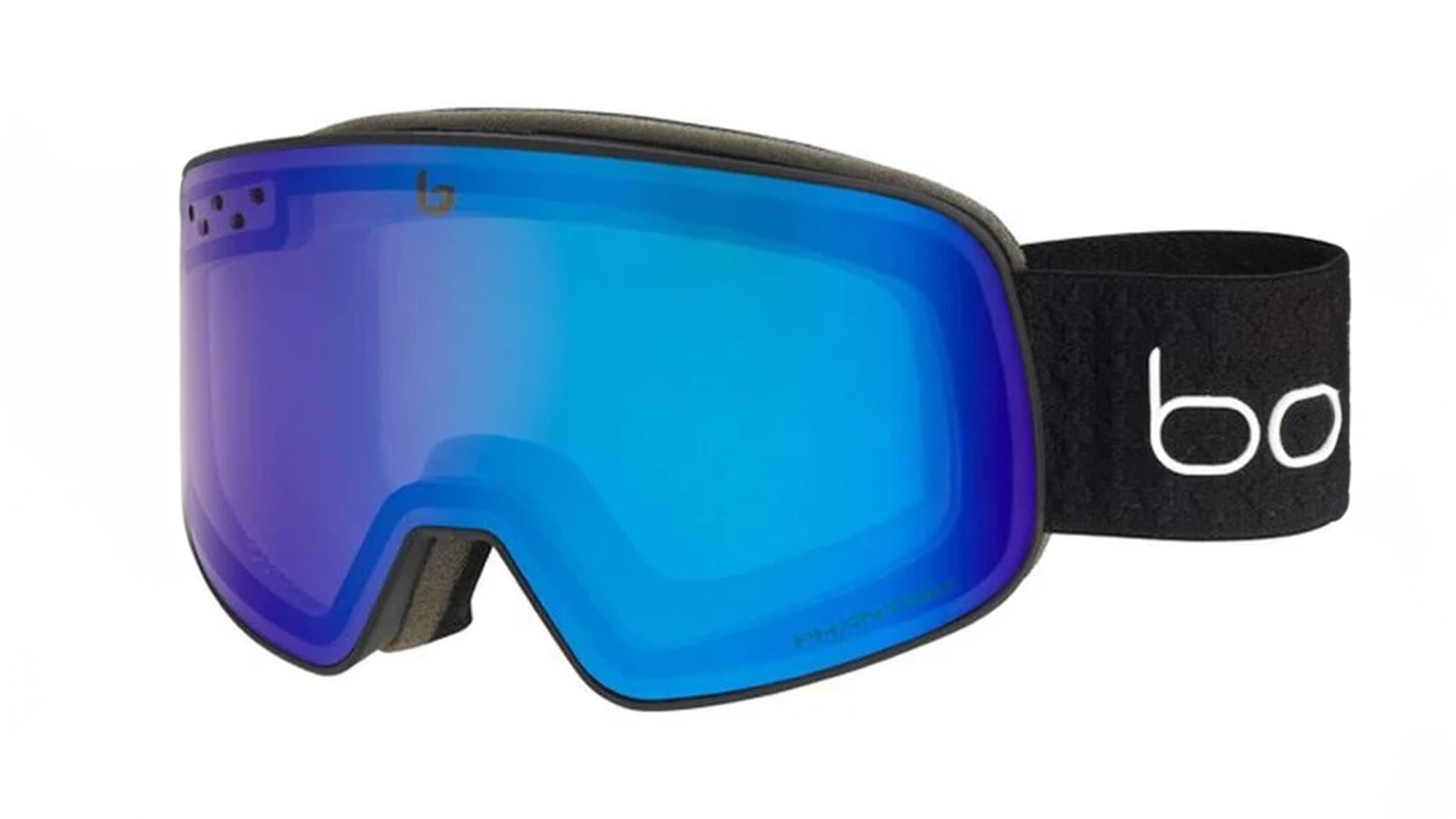 Bolle Nevada ski goggle blue lense black strap on white background