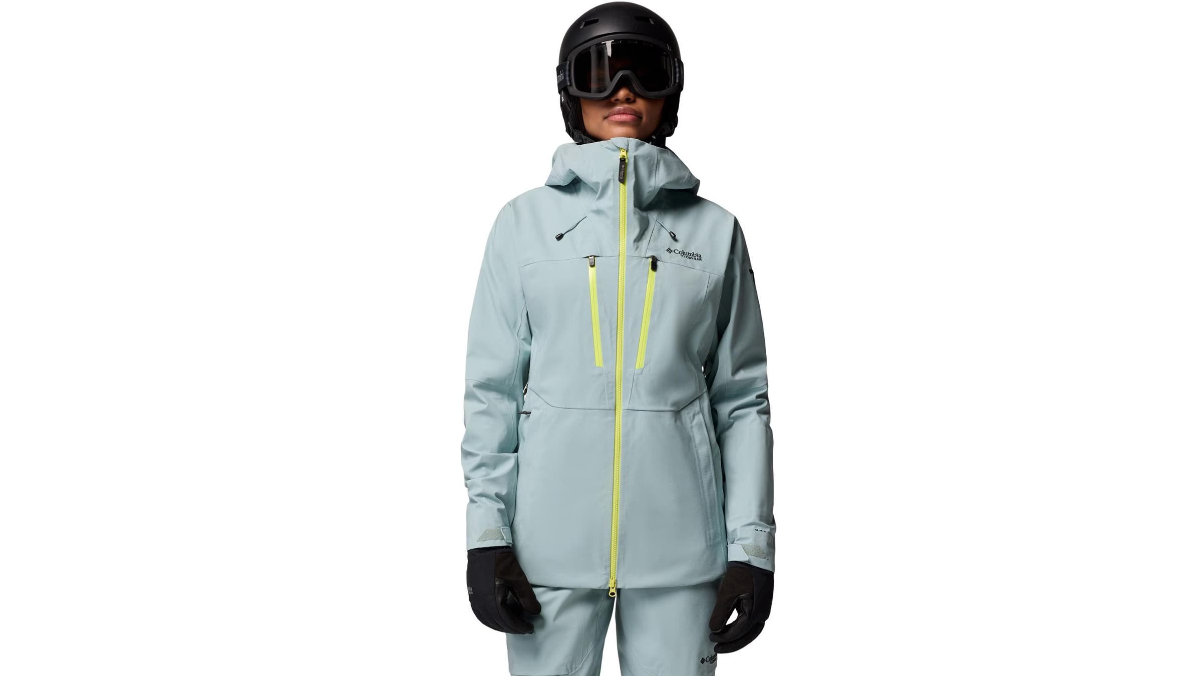 Columbia Platinum Peak II 3L light blue on white background ski jacket
