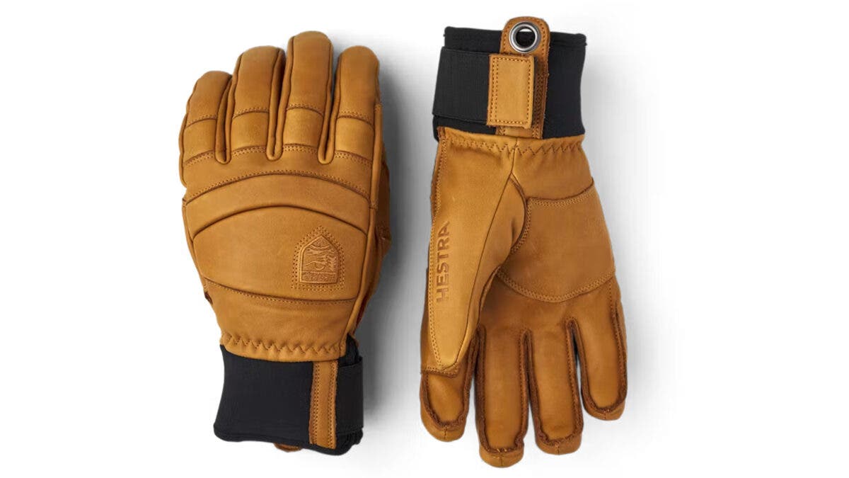 Brown leather Hestra Fall Line ski gloves on white background
