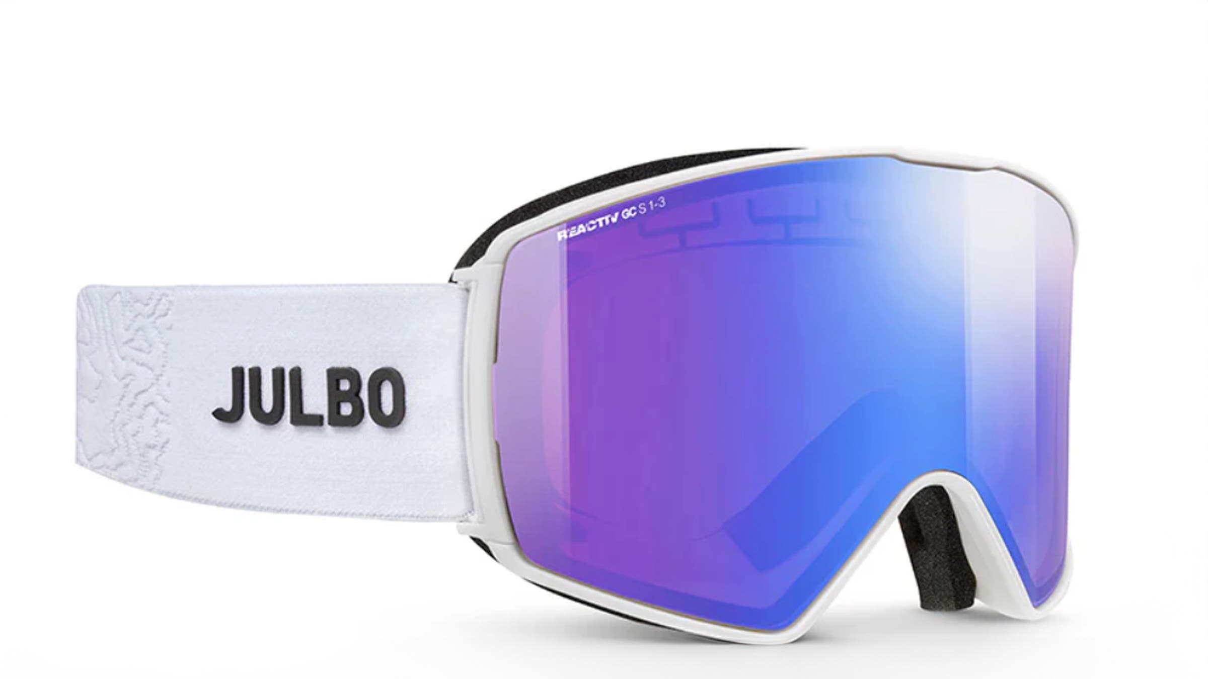 Jublo Launcher ski goggles purple lense on white background white band