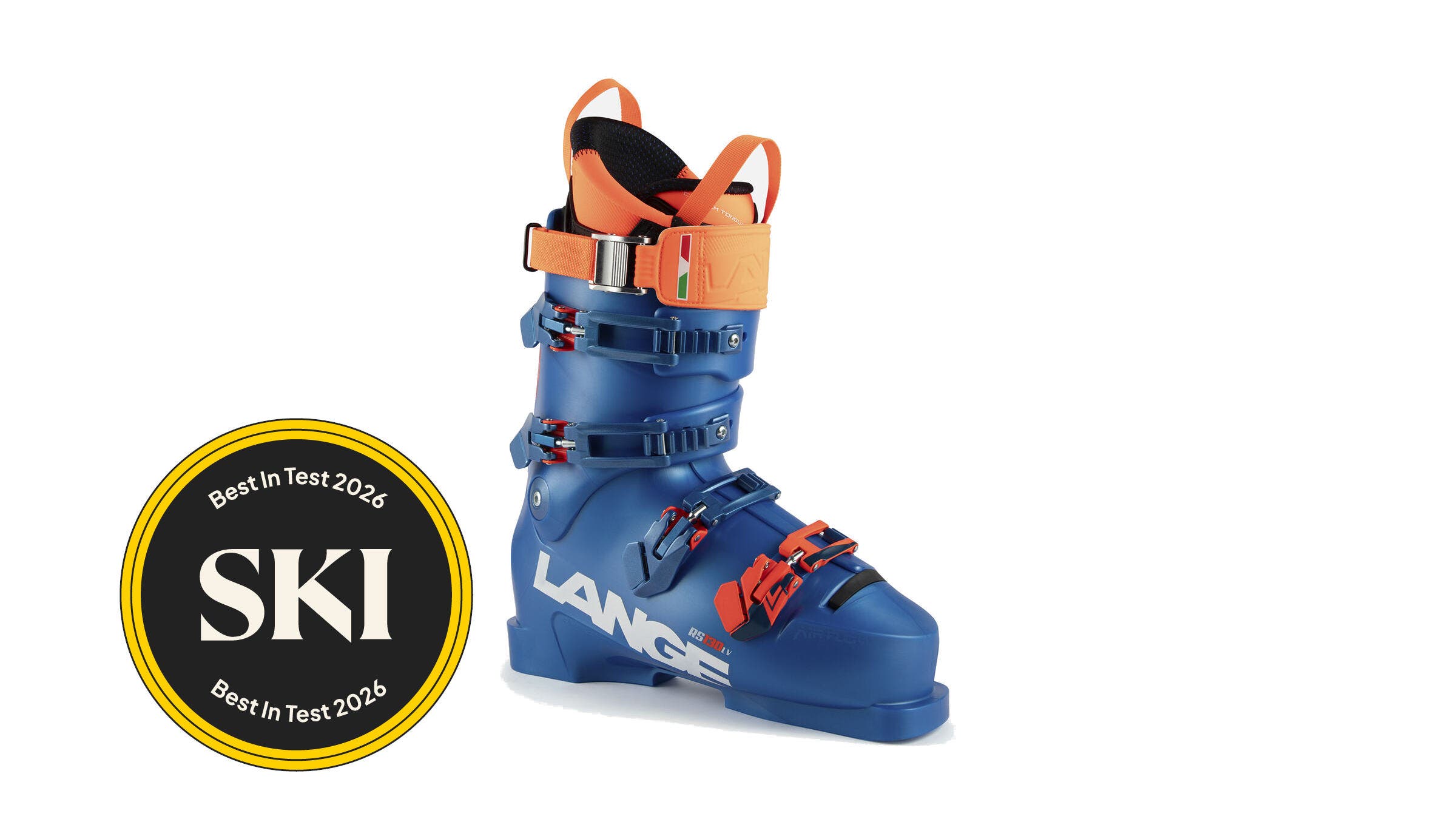 Lange RS LV blue and orange ski boot on a white background. A medal cites Ski: Best in Test 2026