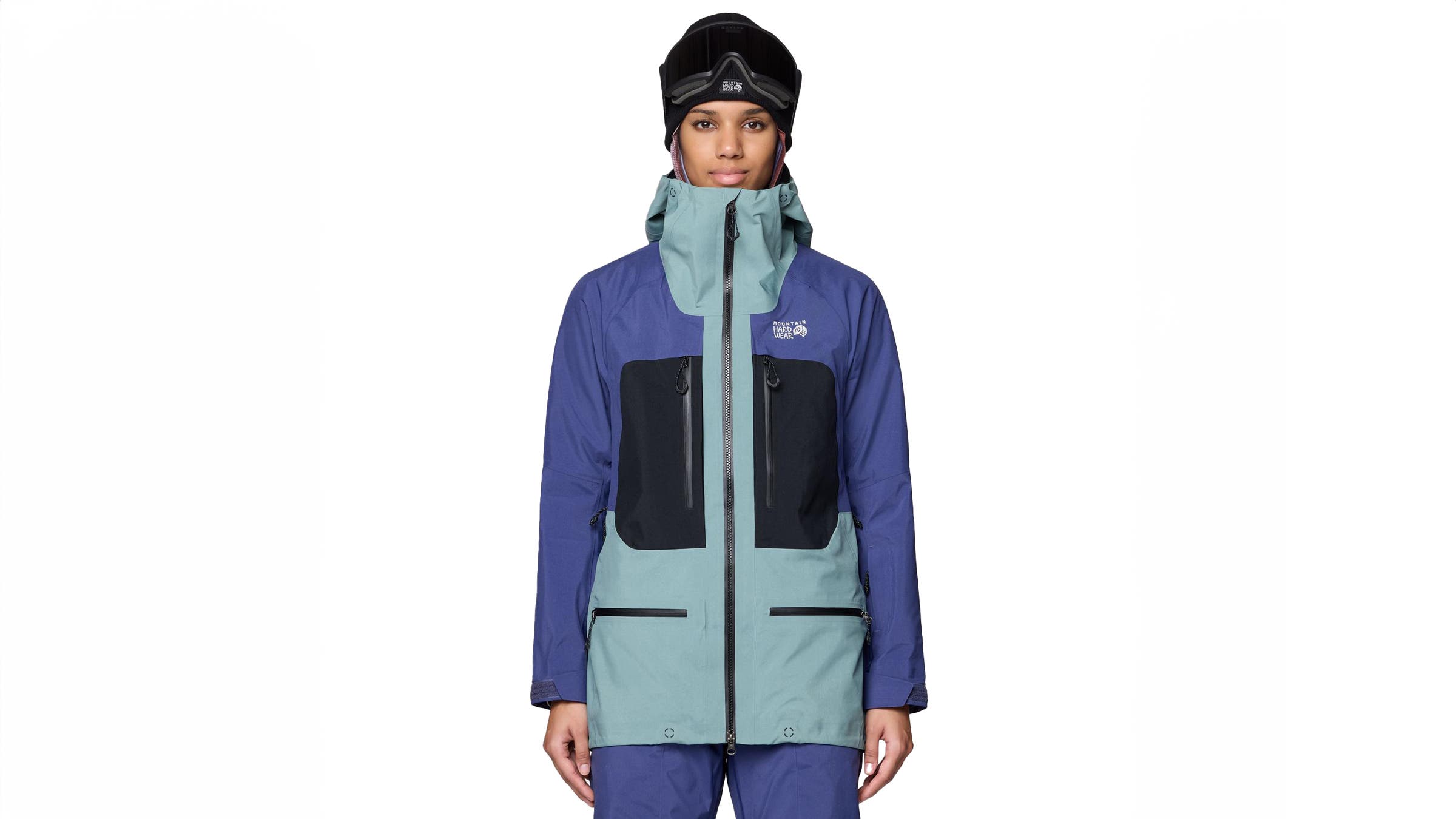 Mountain Hardware Mythogen ski jacket shell blue and purple on white background