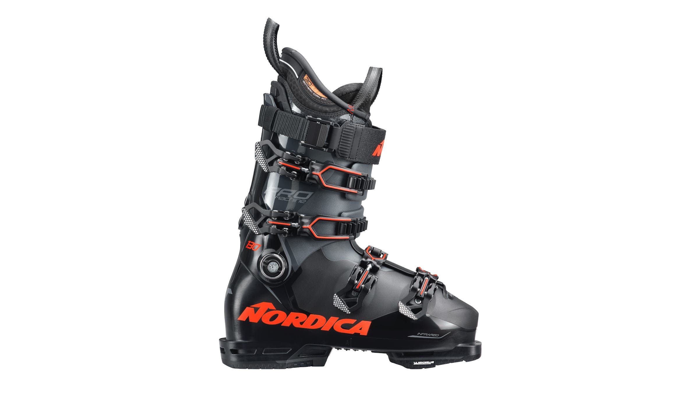 Nordica Promachine gray and black ski boots on a white background