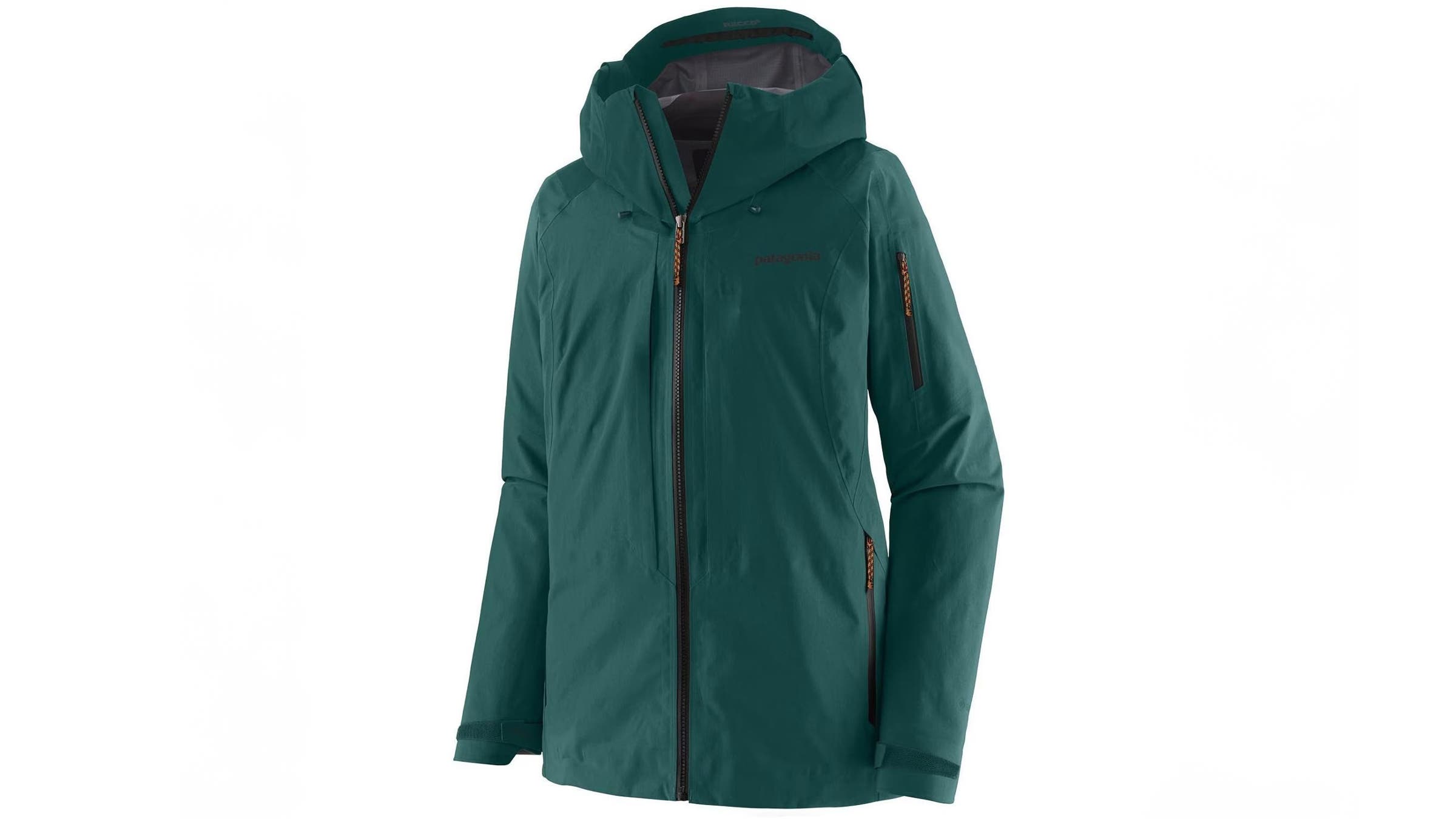 Patagonia Pow Slayer emerald green ski jacket on white background