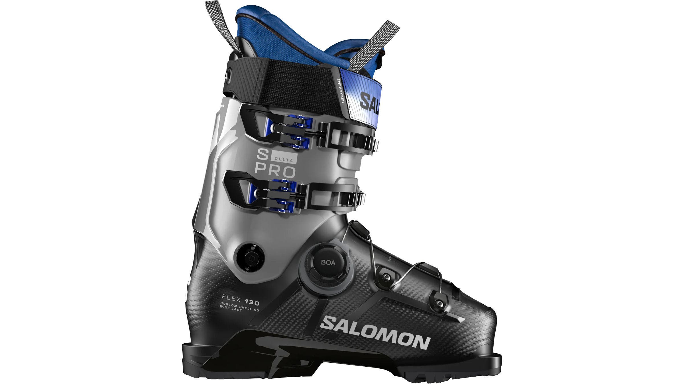 Salomon S/Pro Delta BOA2 gray and black ski boots on a white background
