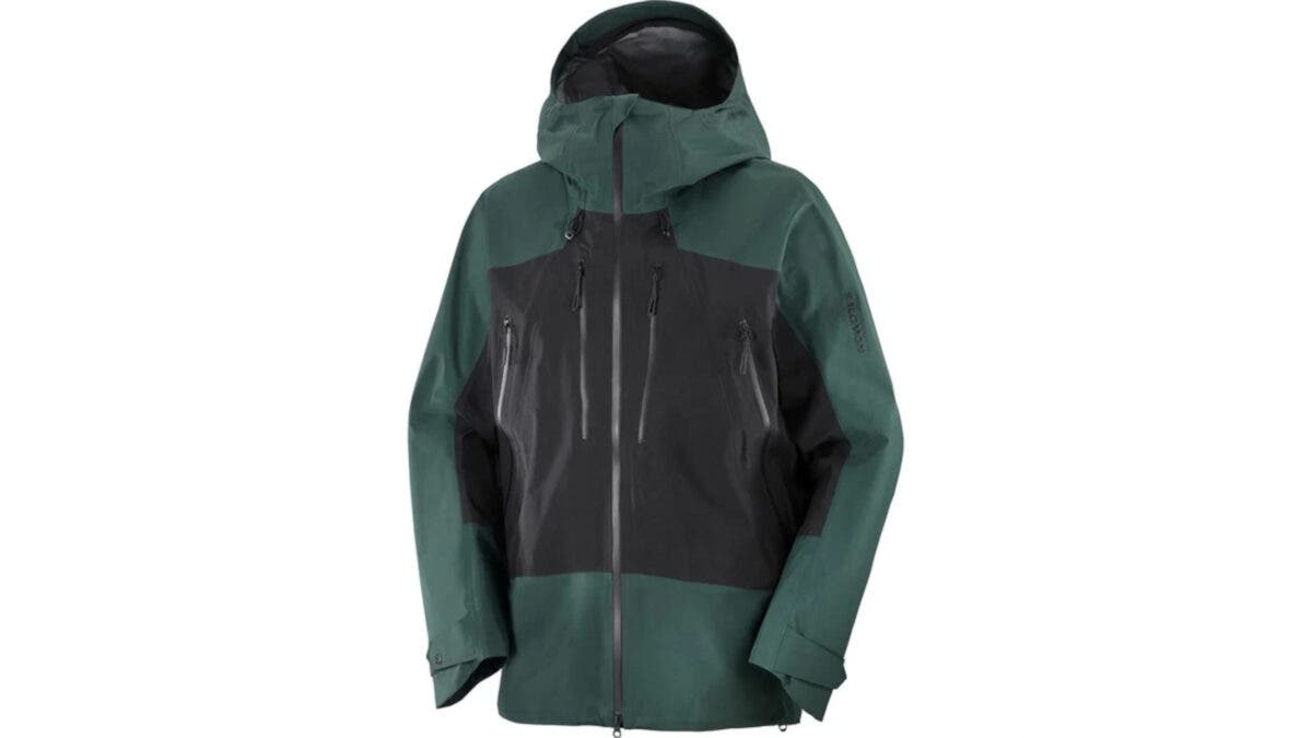 A dark green and black Salomon SLab Scrambler Gore Tex Jacket on a white background