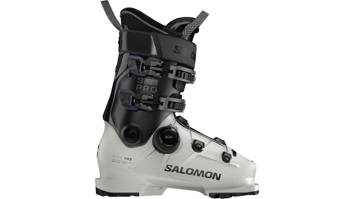 Closeup of white and black Salomon S/Pro Supra BOA women's ski boot