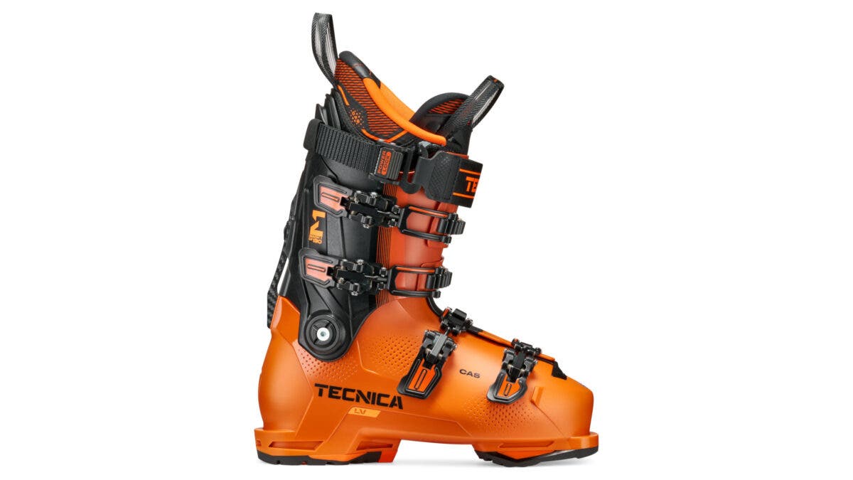 Tecnica Mach1 LV orange ski boots on a white background