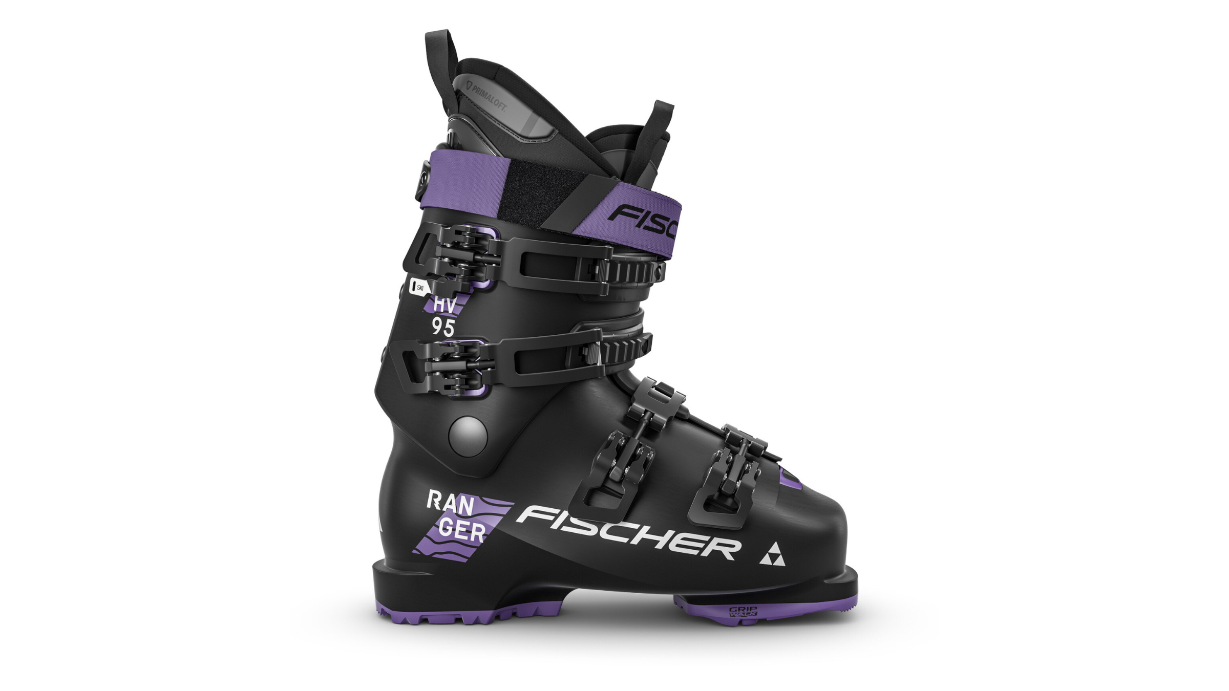 Fischer Ranger HV 95 black and purple women's ski boot on white background