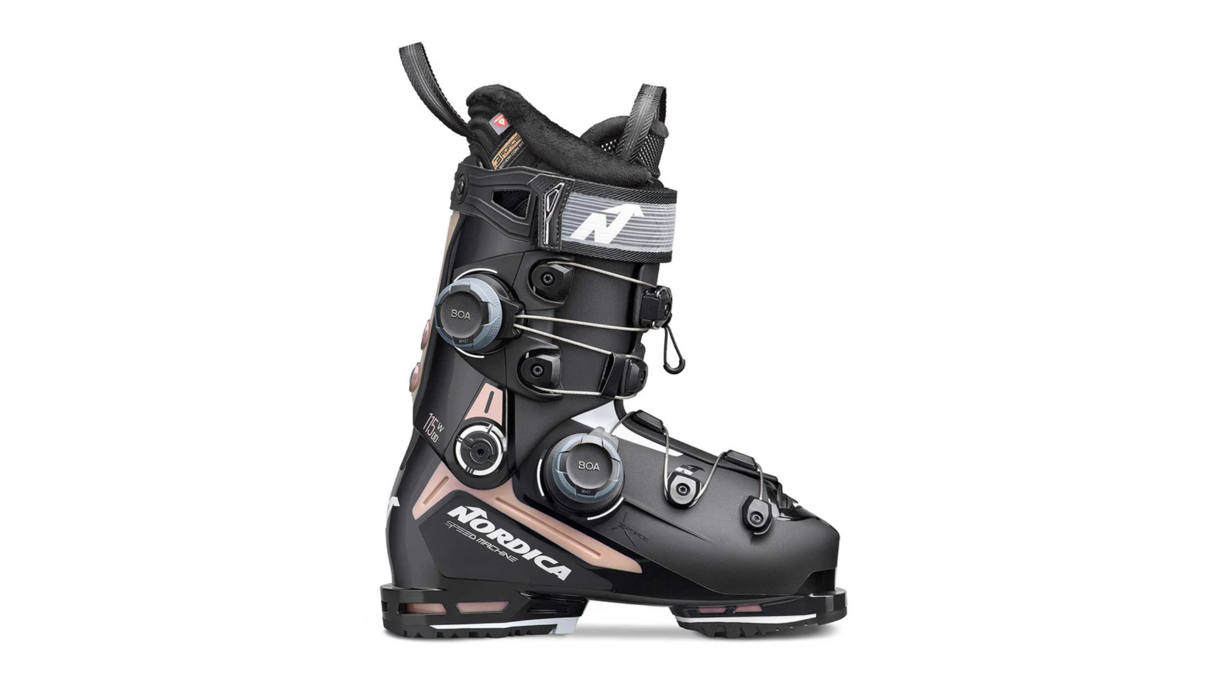 Nordica Speedmachine 3 115 W BOA DD, best women's ski boot for comfort and performance balance, on white background