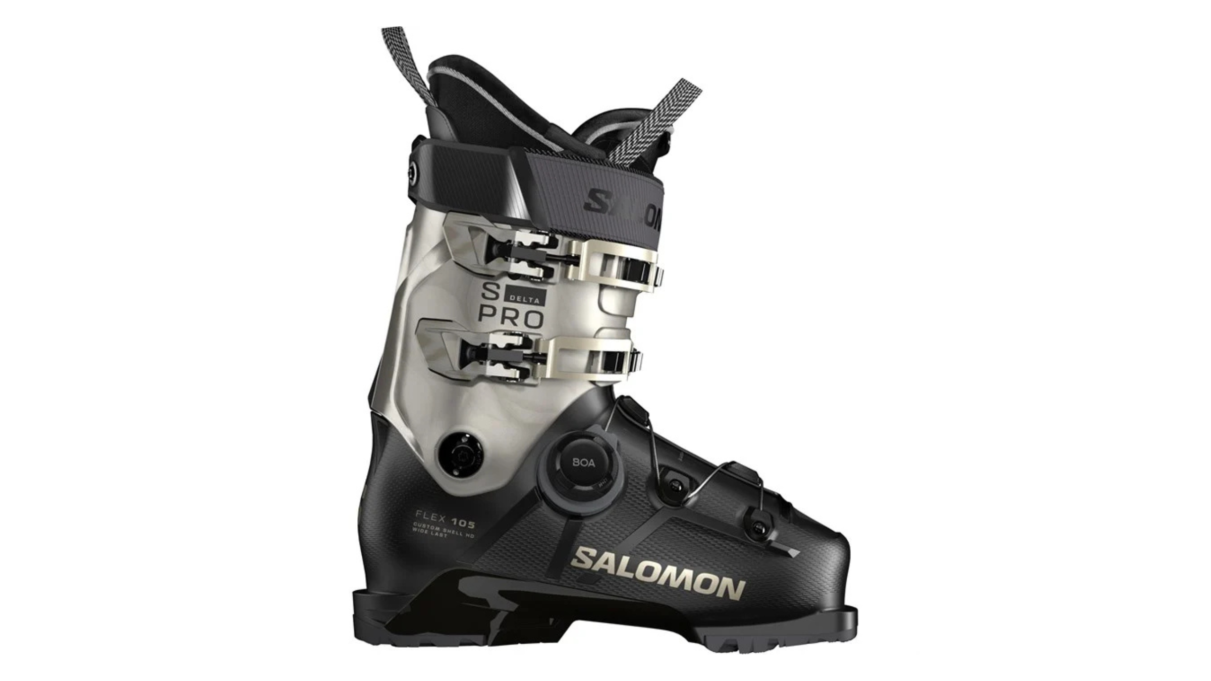 black and silver Salomon S/Pro Delta BOA 105 W best women's ski boots on white background