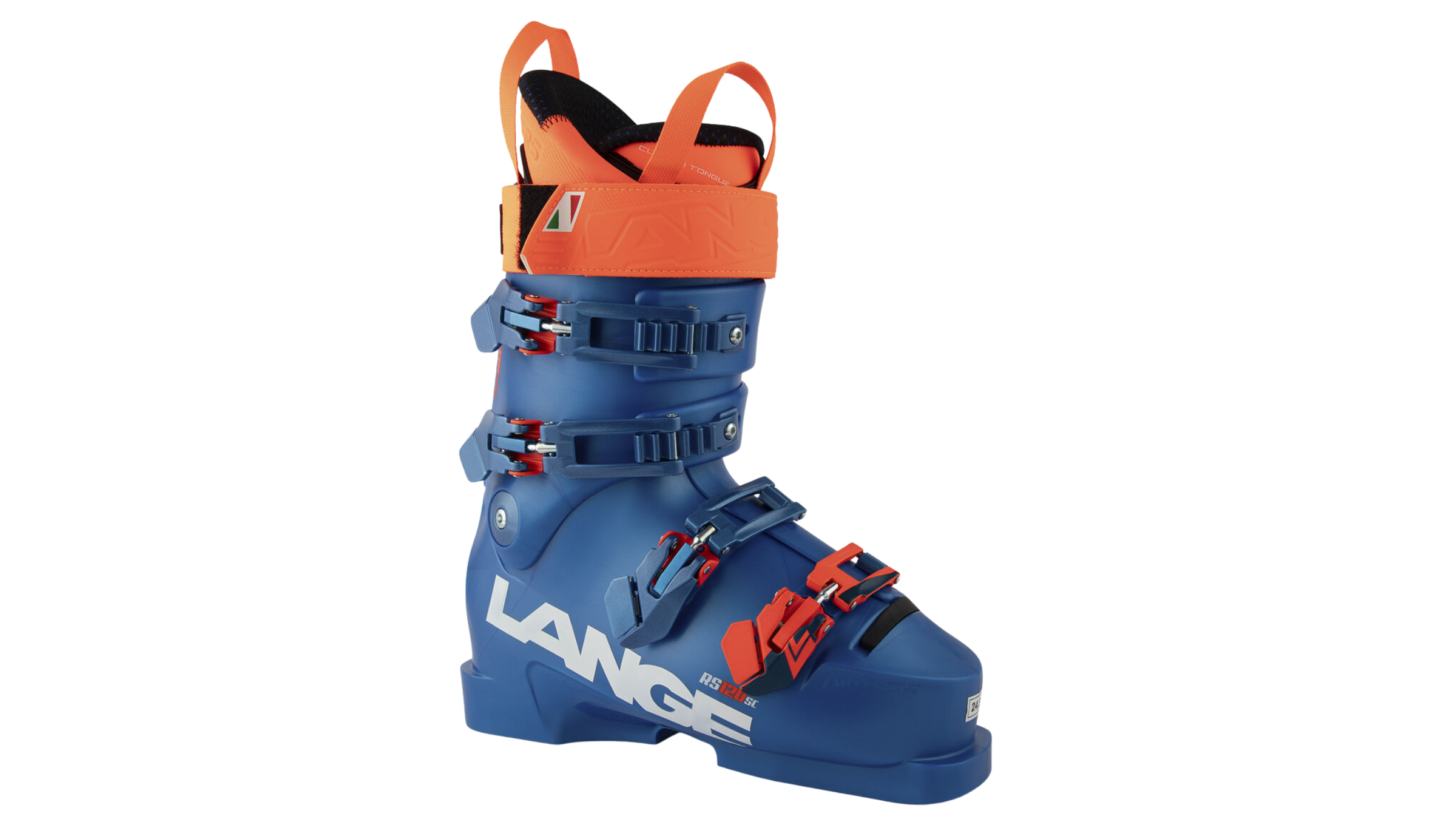 orange and blue Lange RS 120 SC, best women's ski boot for carvers, on white background