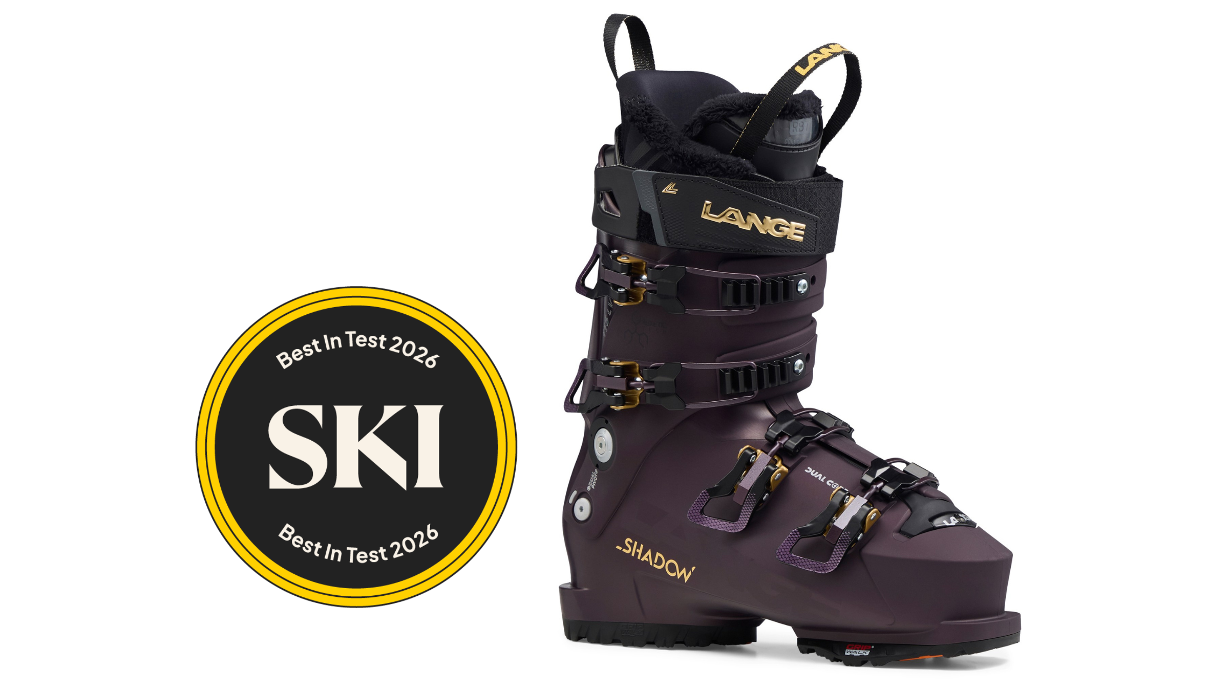 Lange Shadow 115 MV W best in text women's ski boot on white background with yellow and black SKI badge next to it