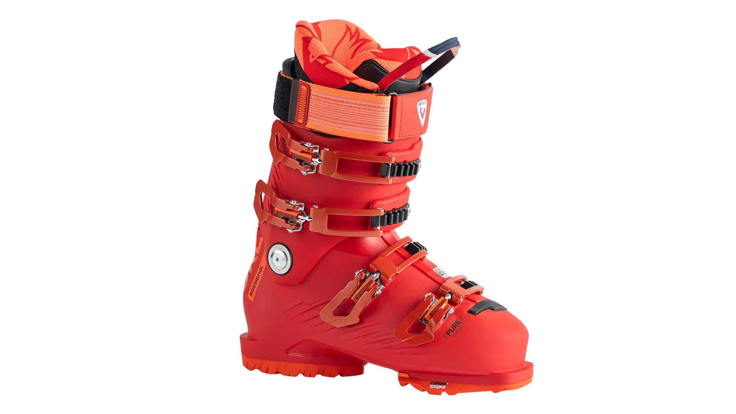 bright red Rossignol Pure Elite 120 ski boot, best women's all-mountain ski boot, on white background