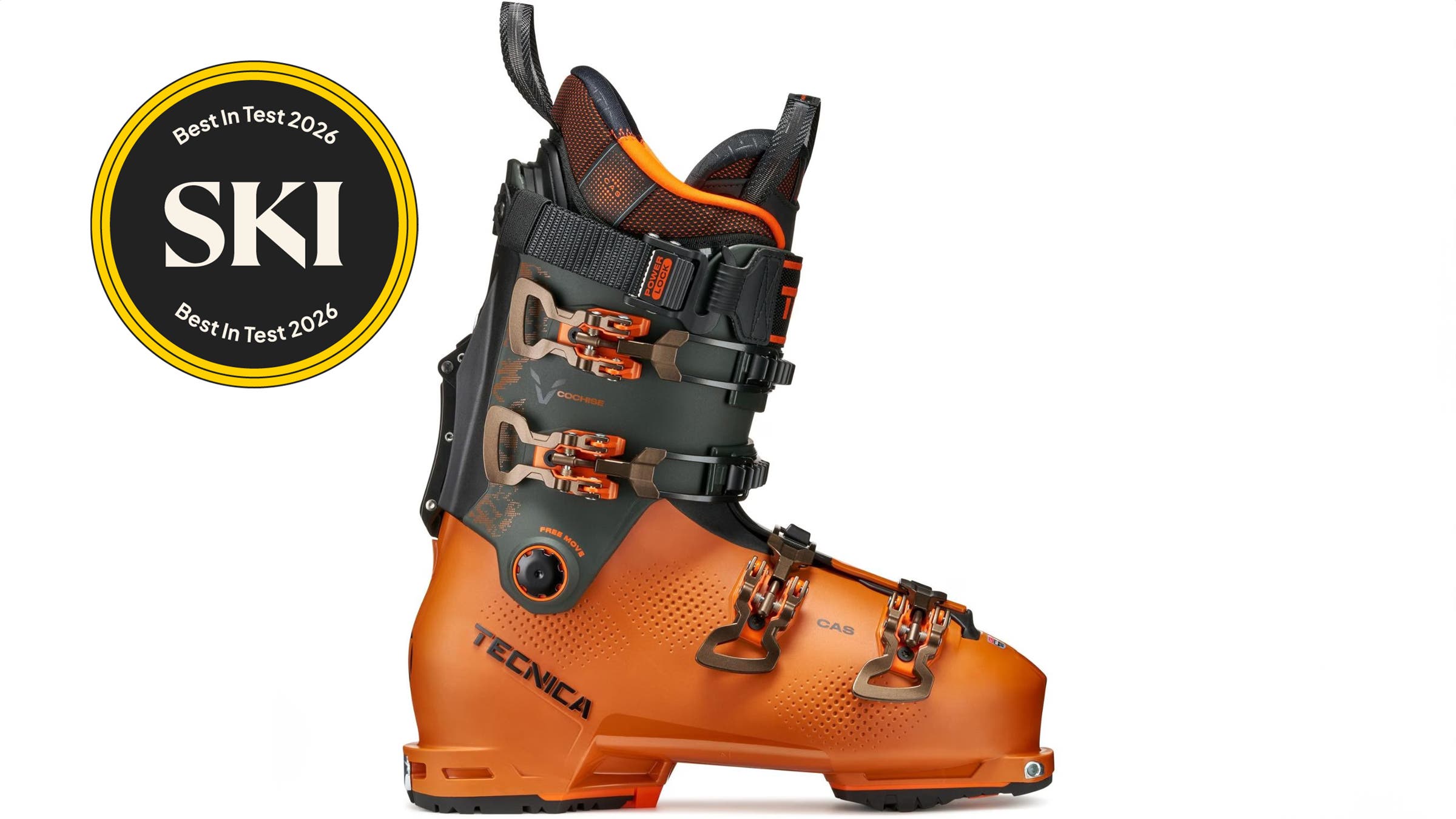 Technica Cochise orange ski boot on white background