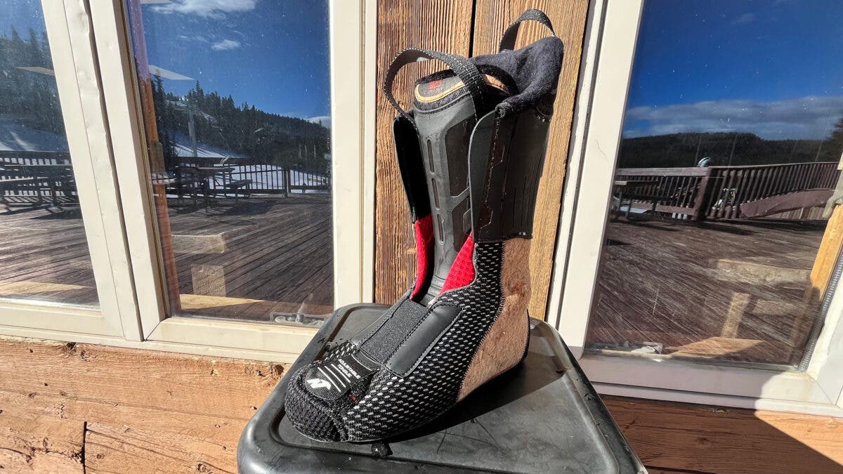Closeup of Nordica Promachine 3 Cork 3D ski boot liner displayed on stool outside lodge