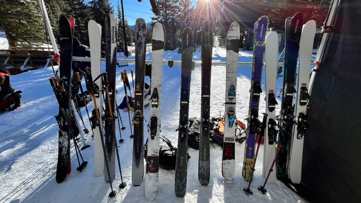 Armada skis including new Antimatter models on rack at base of Silverton Mountain