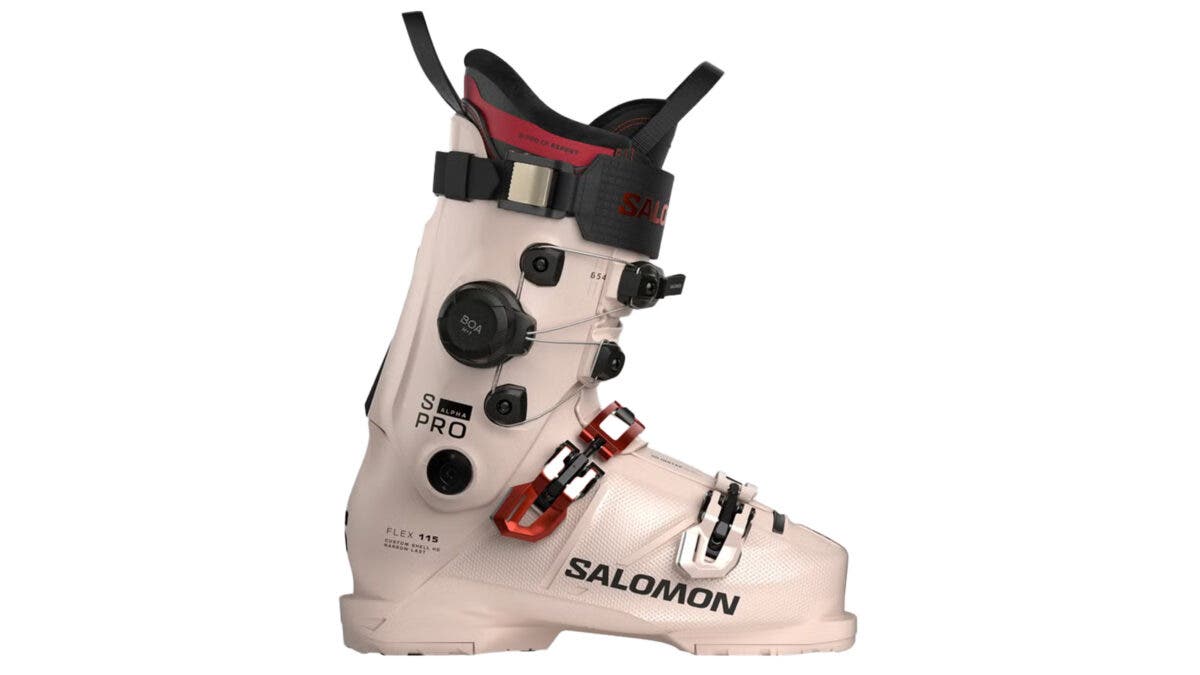 Pearl-colored Salomon S/Pro Alpha C BOA 115 ski boot on white background