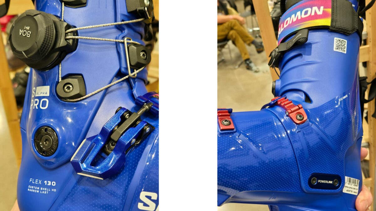 Closeup of outside and inside shell of Salomon S/Pro Alpha C BOA ski boot