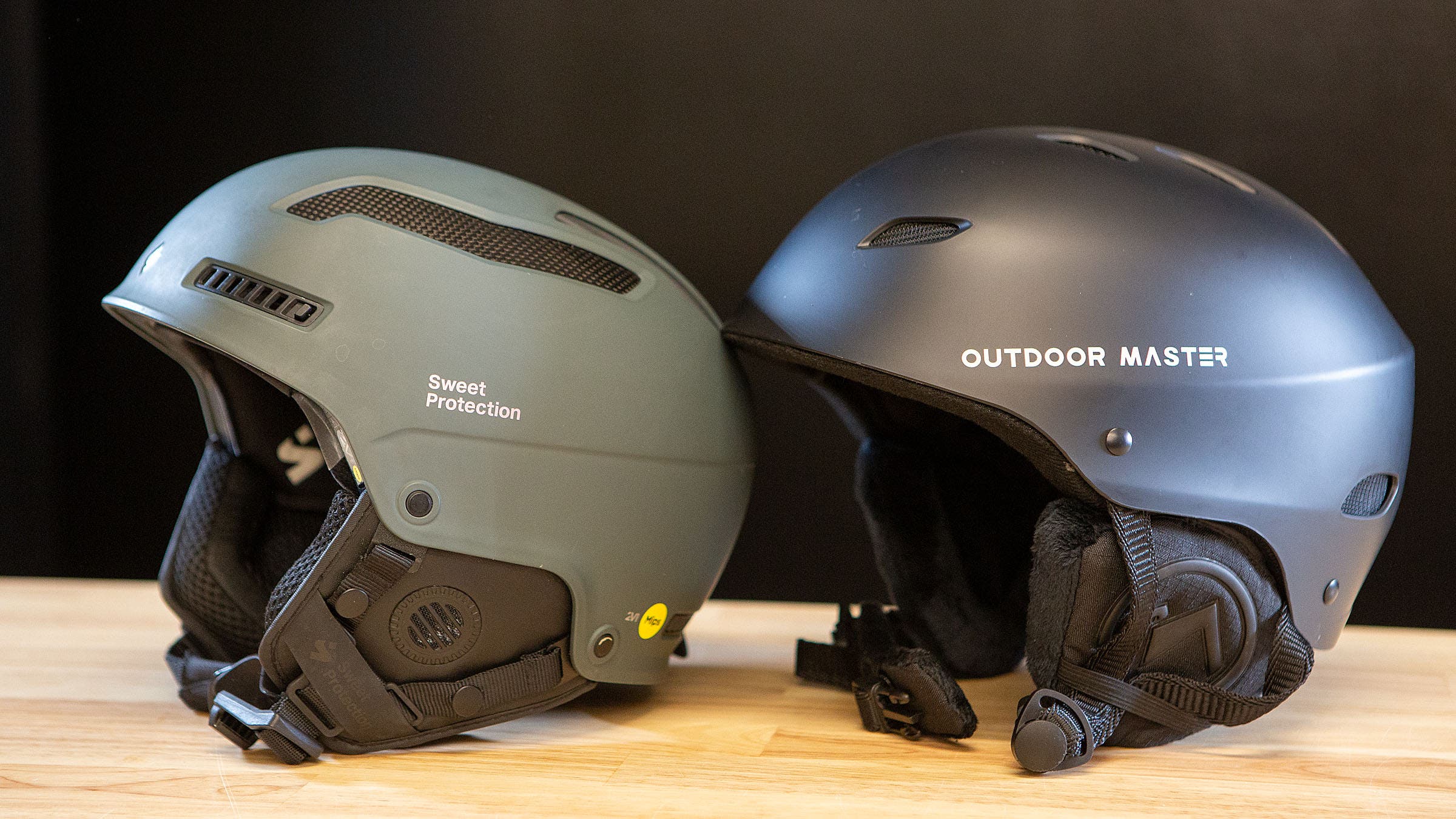 Side by side photo comparison of Kelvin vs. Trooper 2VI ski helmets.