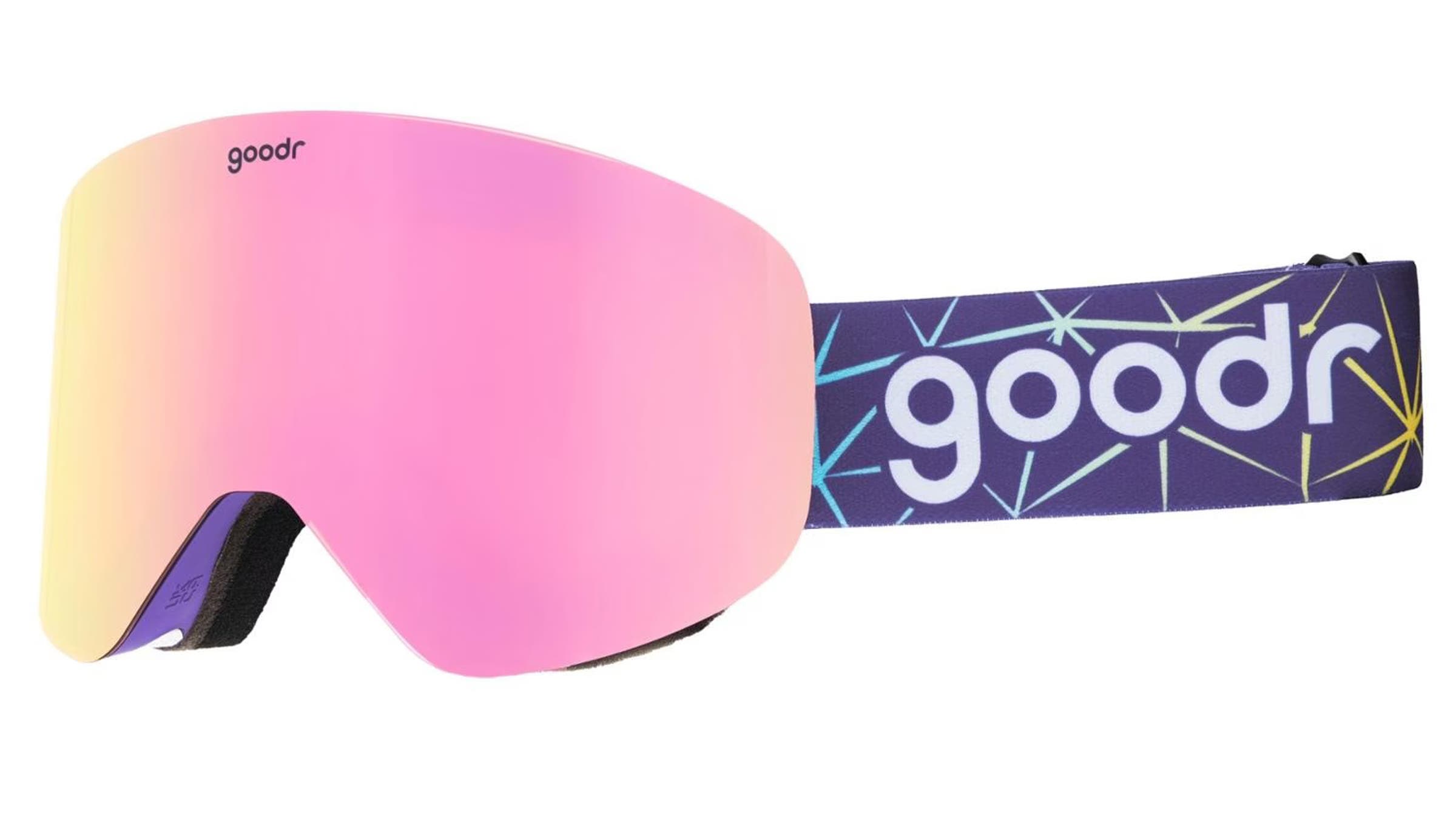 Goodr Snow G ski goggles pink and purple on white background.