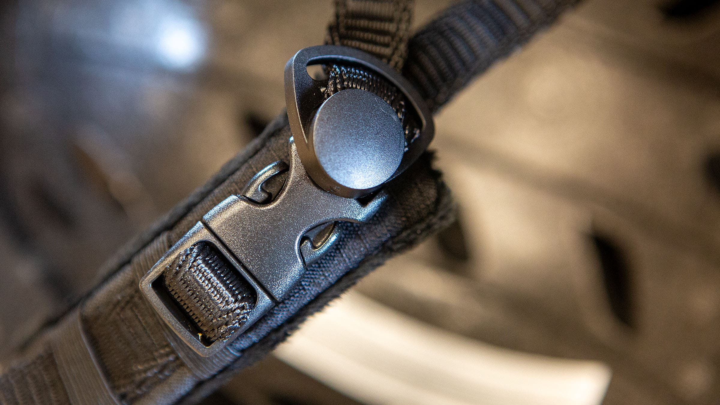 Close-up shot of chinstrap buckle for Outdoor Master Kelvin ski helmet.