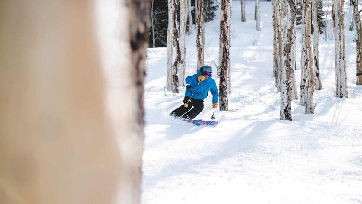 Skier in blue jacket skiing through aspen trees on Nordica Unleashed 106 all mountain skis.